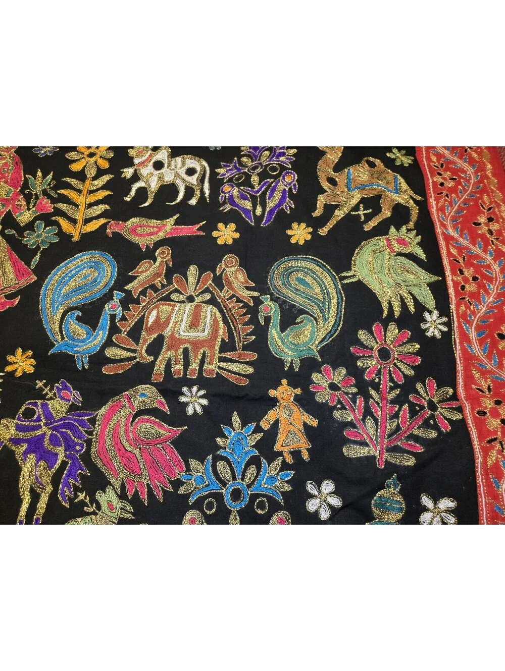 Vintage Gujarati Tapestry Kutch Embroidered Folk Art Wall Hanging Indian 57x42